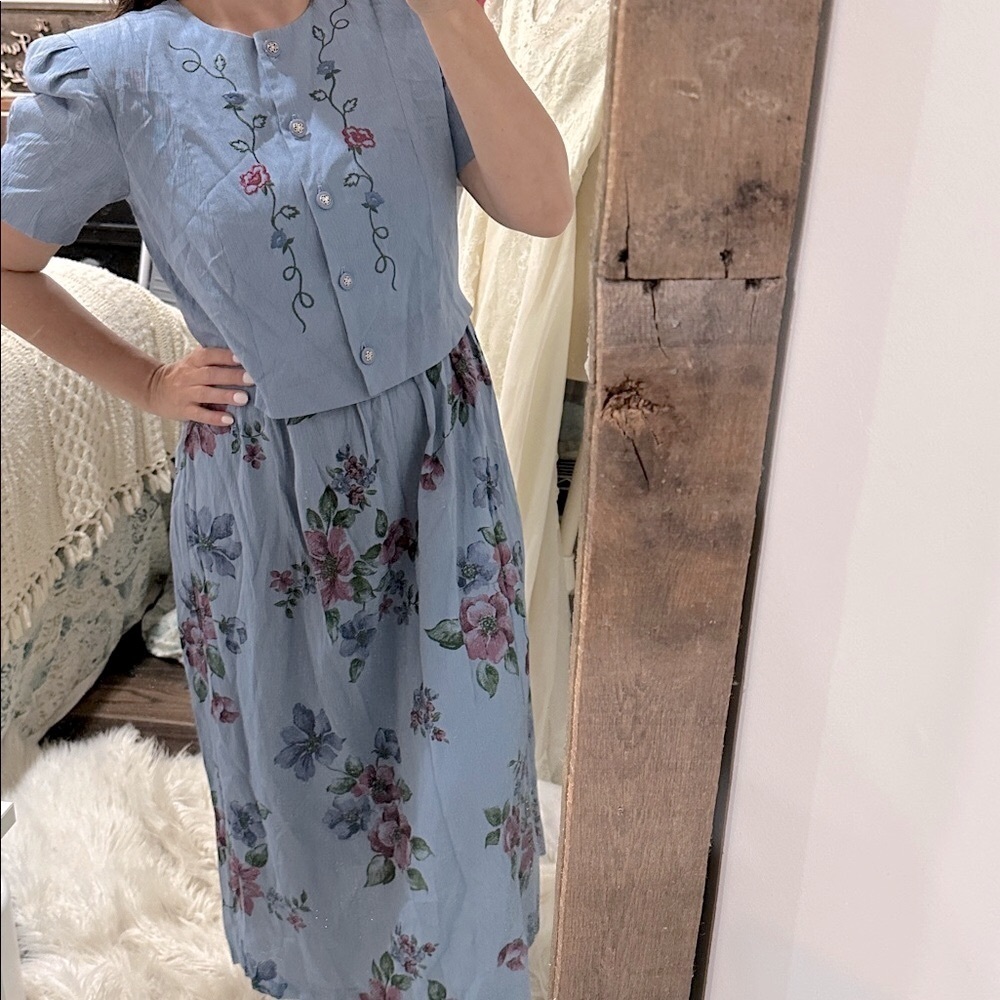 Vintage Miss Dorby Floral Blue Dress with Embroidered Details size XLarge